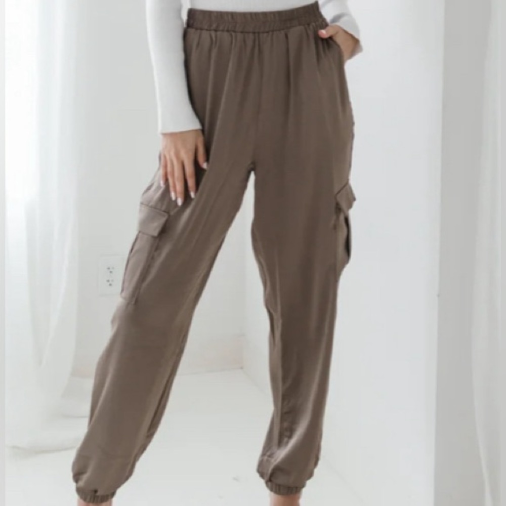 NEW. Olive Green Satin Joggers.